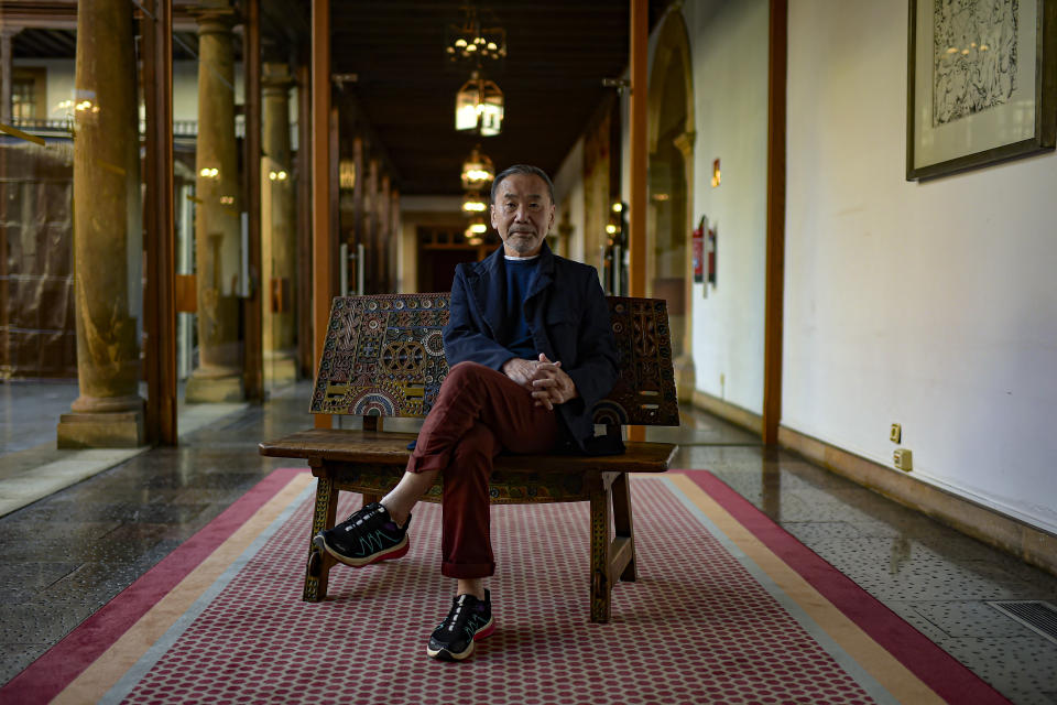 Japanese author Haruki Murakami poses ahead of an interview with The Associated Press in Oviedo, northern Spain, Wednesday, Oct. 18, 2023. Murakami said during the interview that he is torn by the conflict in Israel since he has Jewish friends but understands that the situation of the Palestinians is dire and that we must pray for peace in Gaza. But he also feels confident that fiction can help us cope with increasingly perilous times by helping readers learn the wisdom found in refraining from making quick judgments. Murakami will receive Spain's Princess of Asturias prize for literature later Friday Oct. 20, 2023. (AP Photo/Alvaro Barrientos)