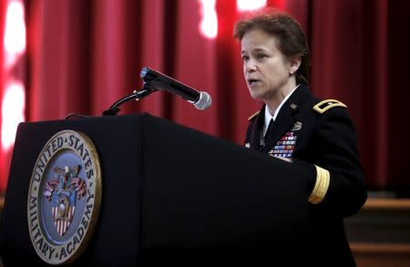 U.S. Brigadier General Diana Holland delivers remarks at a ceremony where she assumed the role as the first female Commandant of Cadets at the U.S. Military Academy at West Point, New York, January 5, 2016. REUTERS/Mike Segar
