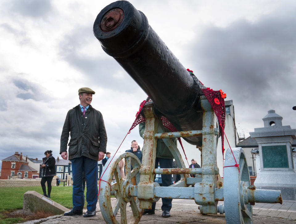 Brexit Party leader Nigel Farage visits the Heugh Battery Musuem at the Headland in Hartlepool.