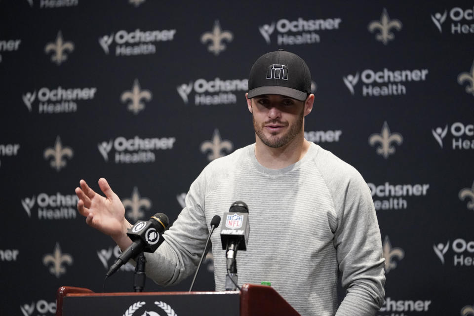 New Orleans Saints quarterback Derek Carr speaks during a news conference following an NFL football game against the New York Giants Sunday, Dec. 17, 2023, in New Orleans. The Saints won 24-6. (AP Photo/Gerald Herbert)