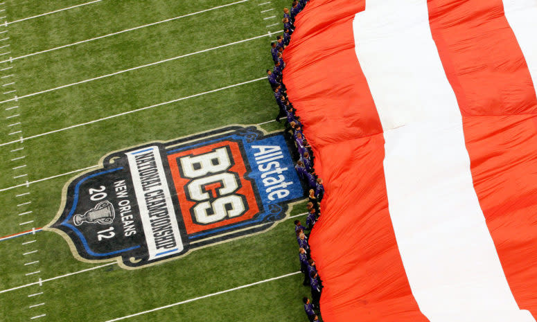 A shot of an American flag and the BCS title game logo.