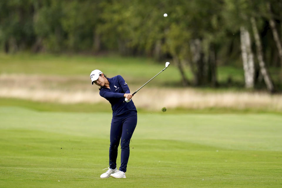 USA's Andrea Lee on the 6th fairway during day three of the 2023 AIG Women's Open at Walton Heath, Surrey, England, Saturday, Aug. 12, 2023. (John Walton/PA via AP)