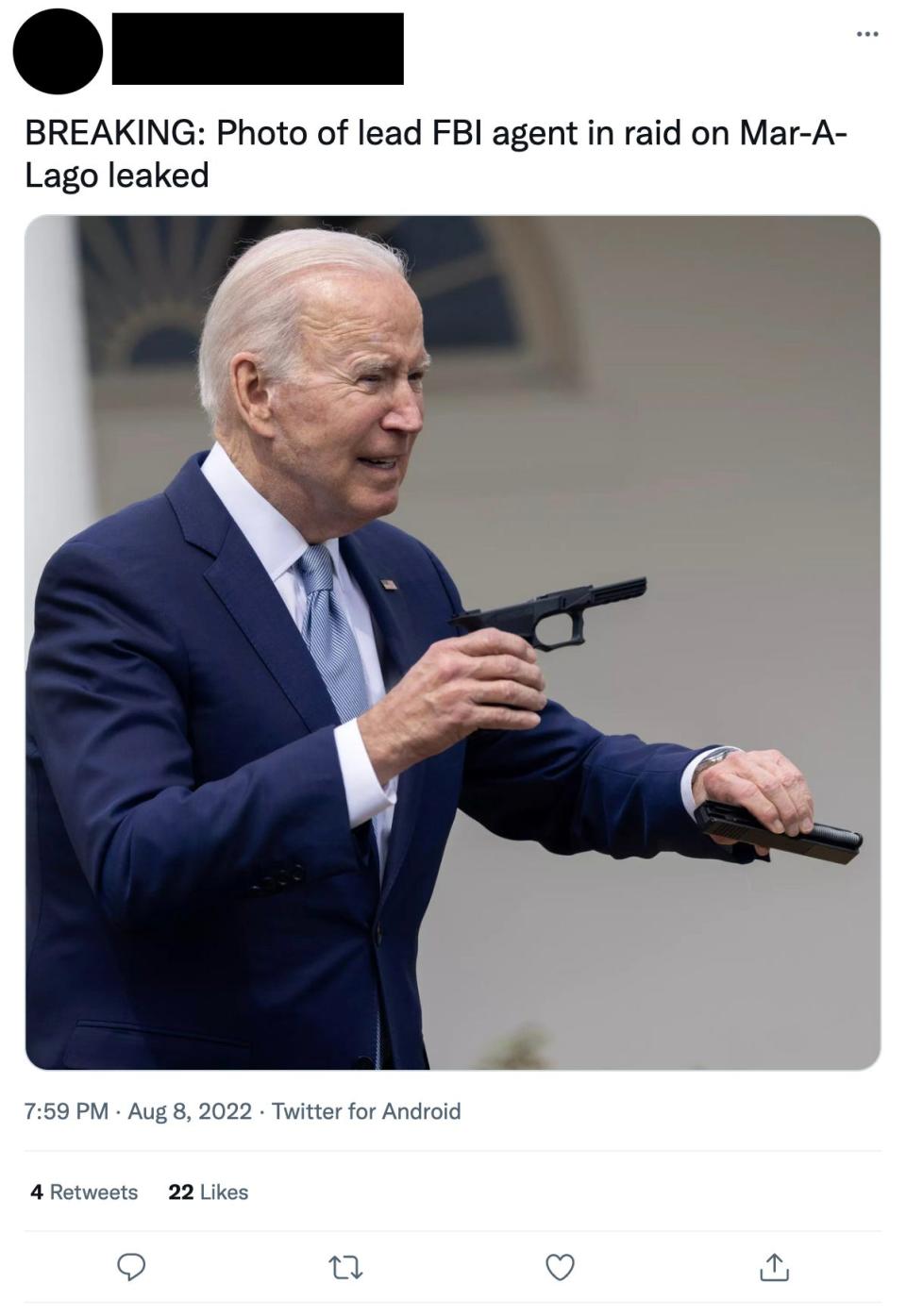 In one meme posted on Twitter on the day the FBI executed a search warrant at Donald Trump's Mar-A-Lago residence, President Joe Biden wields a small gun with text reading, "BREAKING: Photo of lead FBI agent in raid on Mar-A-Lago leaked." The false statement suggests Biden was involved in the raid.