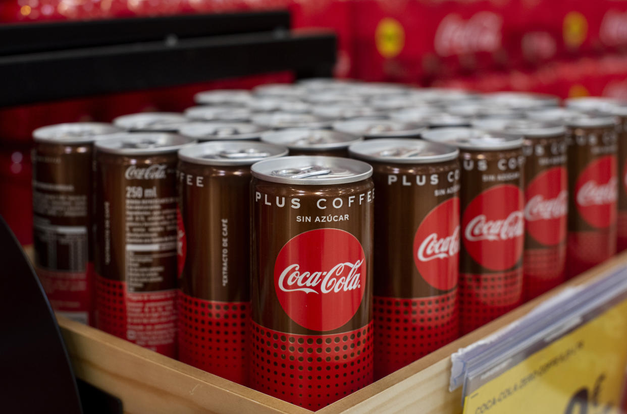 SPAIN - 2019/06/20: America soft-drink coca-cola with coffee flavoured, coca-cola plus coffee, displayed for sale at the Carrefour supermarket in Spain. (Photo by Budrul Chukrut/SOPA Images/LightRocket via Getty Images)