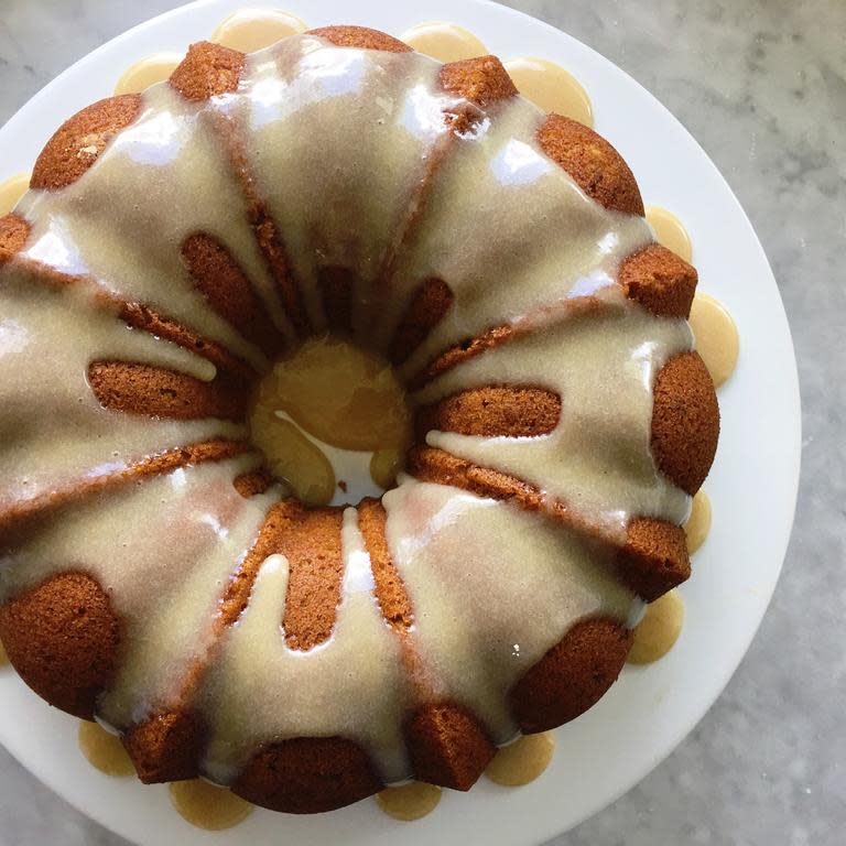 Pumpkin Bundt Cake with Tahini Glaze