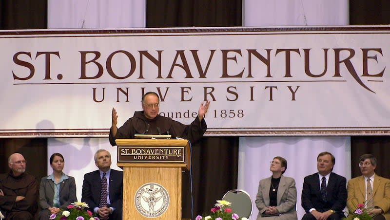 St. Bonaventure University interim President Fr. Dominic Monti speaks duirng the Unity Convocation at the Reilly Center on campus in Olean, N.Y., Monday, March 10, 2003.