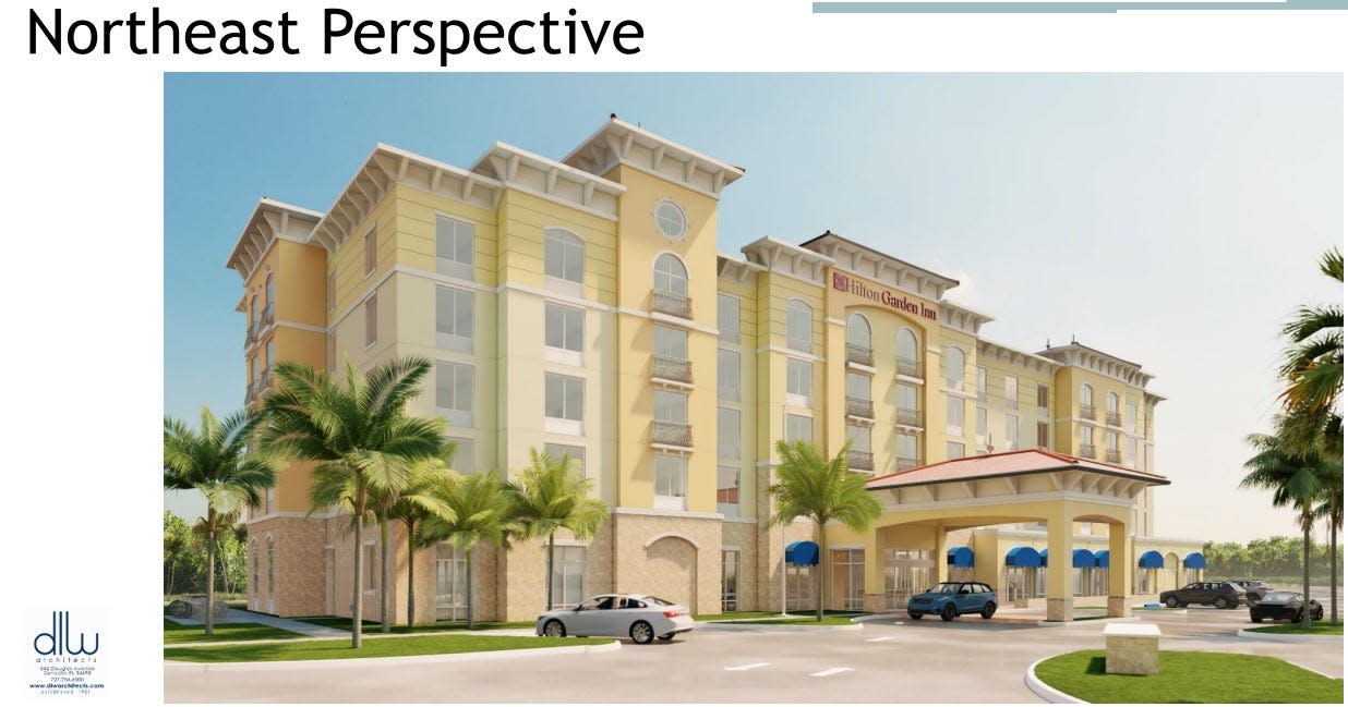 A rendering by Dunedin-based DLW Architects shows a proposed Hilton Garden Inn in the Village of Estero on Sweetwater Ranch Boulevard.