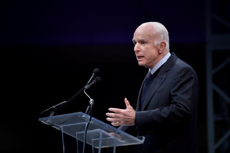 U.S. Senator McCain speaks after being awarded the 2017 Liberty Medal at the Independence Hall in Philadelphia