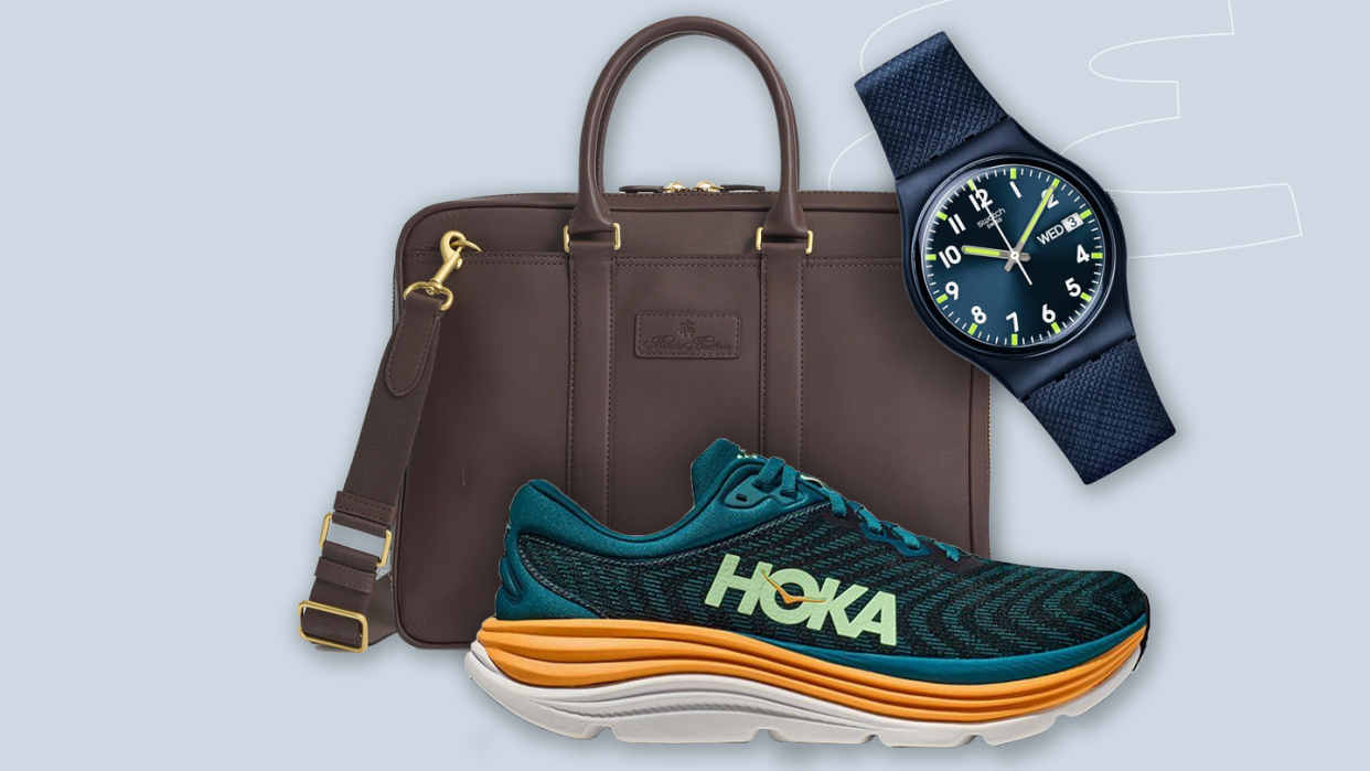 a bag, sneakers, and a watch