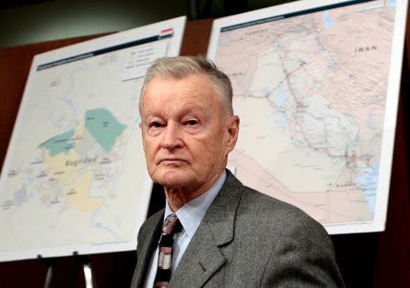 FILE PHOTO - Former U.S. National Security Adviser Zbigniew Brzezinski arrives to testify before the Senate Foreign Relations Committee on Capitol Hill in Washington, February 1, 2007. REUTERS/Jim Young/File Photo