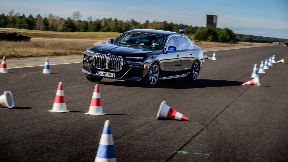 car driving through an obstacle course