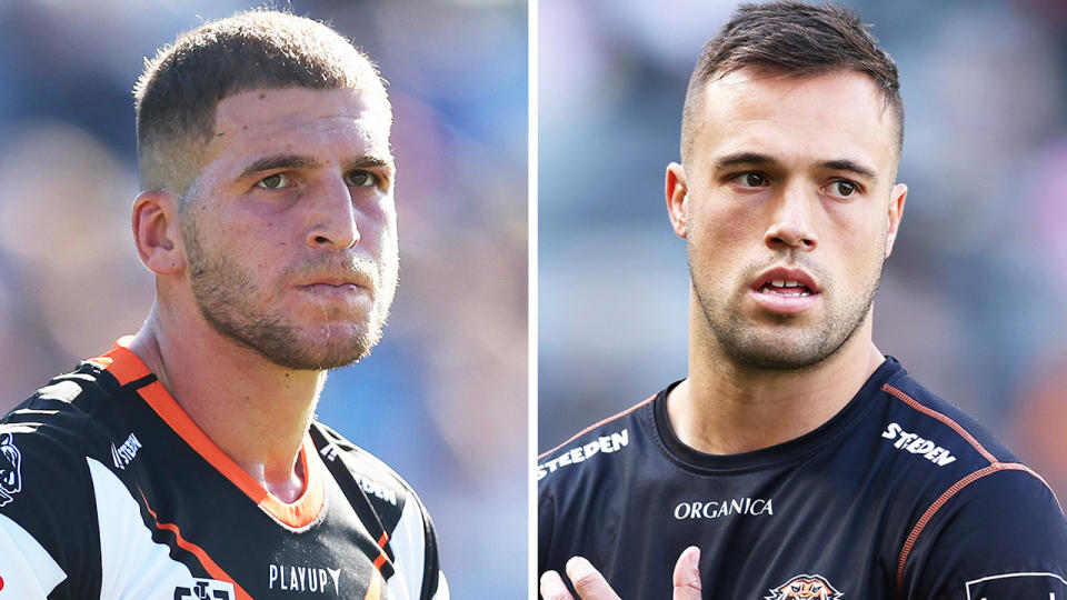 Adam Doueihi reacts and Luke Brooks during training.