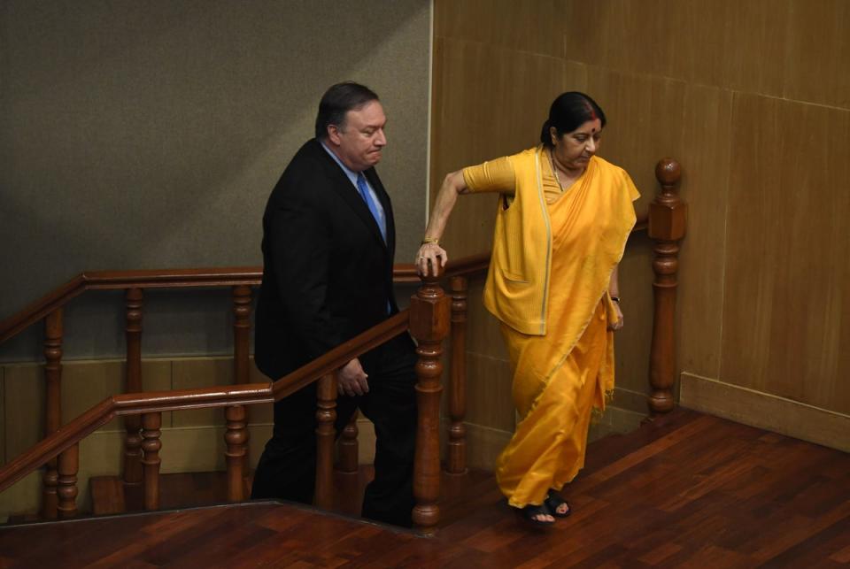Mike Pompeo referred to Sushma Swaraj (right), who served as India’s first woman foreign minister and had died in 2019, as ‘not an important player on the Indian foreign policy team’ when tensions soared between India and Pakistan (AFP via Getty Images)