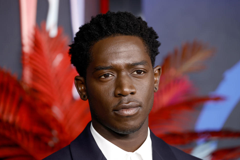 A person in a suit poses for a photo in front of a red feather backdrop