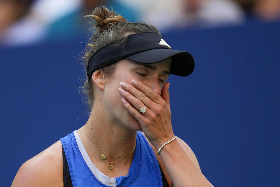 Elina Svitolina, of Ukraine, reacts during a match against Anastasia Pavlyuchenkova, of Russia, during the second round of the U.S. Open tennis championships, Thursday, Aug. 31, 2023, in New York. (AP Photo/Manu Fernandez)