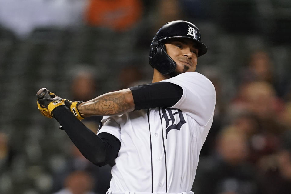 Detroit Tigers' Harold Castro hits a two-run single against the Kansas City Royals in the eighth inning of a baseball game in Detroit, Tuesday, Sept. 27, 2022. (AP Photo/Paul Sancya)