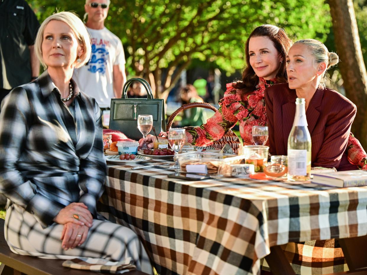 Cynthia Nixon, Kristin Davis and Sarah Jessica Parker seen on the set of "And Just Like That..." the follow up series to "Sex and the City" in Downtown Manhattan on September 20, 2021 in New York City.