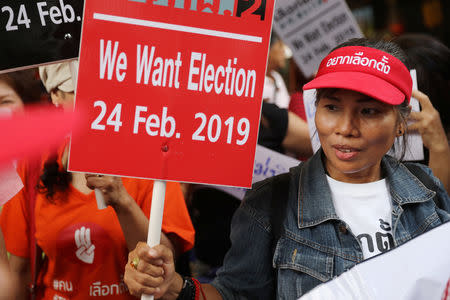 Activists and university students gather to demand the first election in Thailand, since the military seized power in a 2014 coup, to be held on February 24 this year in Bangkok, Thailand January 8, 2019. REUTERS/Jorge Silva