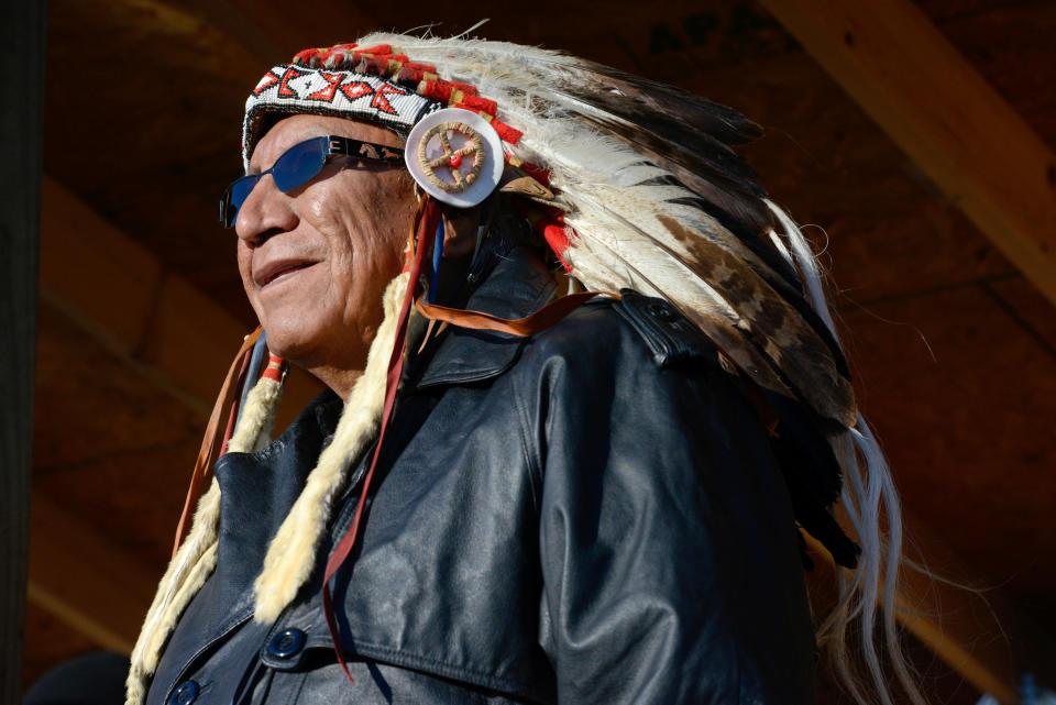 Arvol Looking Horse, spiritual leader of the Sioux nation, participates in a ceremony in Oceti Sakowin camp.