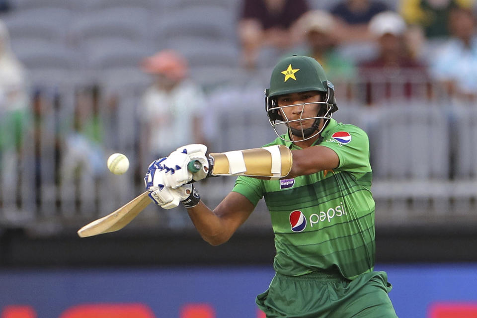 Mohammad Hasnain of Pakistan bats during their T20 cricket match against Australia in Perth, Australia, Friday, Nov. 8, 2019. (Richard Wainwright/AAP Image via AP)