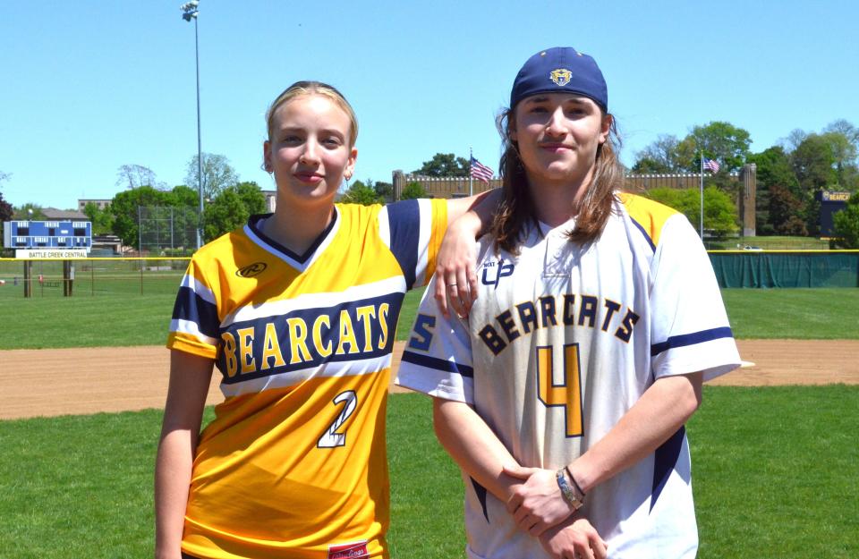 Kaylynn Jones, left, and Caleb Jones are twins and seniors at Battle Creek Central. Kaylynn is the No. 1 pitcher for the Bearcat softball team. Caleb is the leading pitcher and starting outfielder for the Bearcat baseball team.