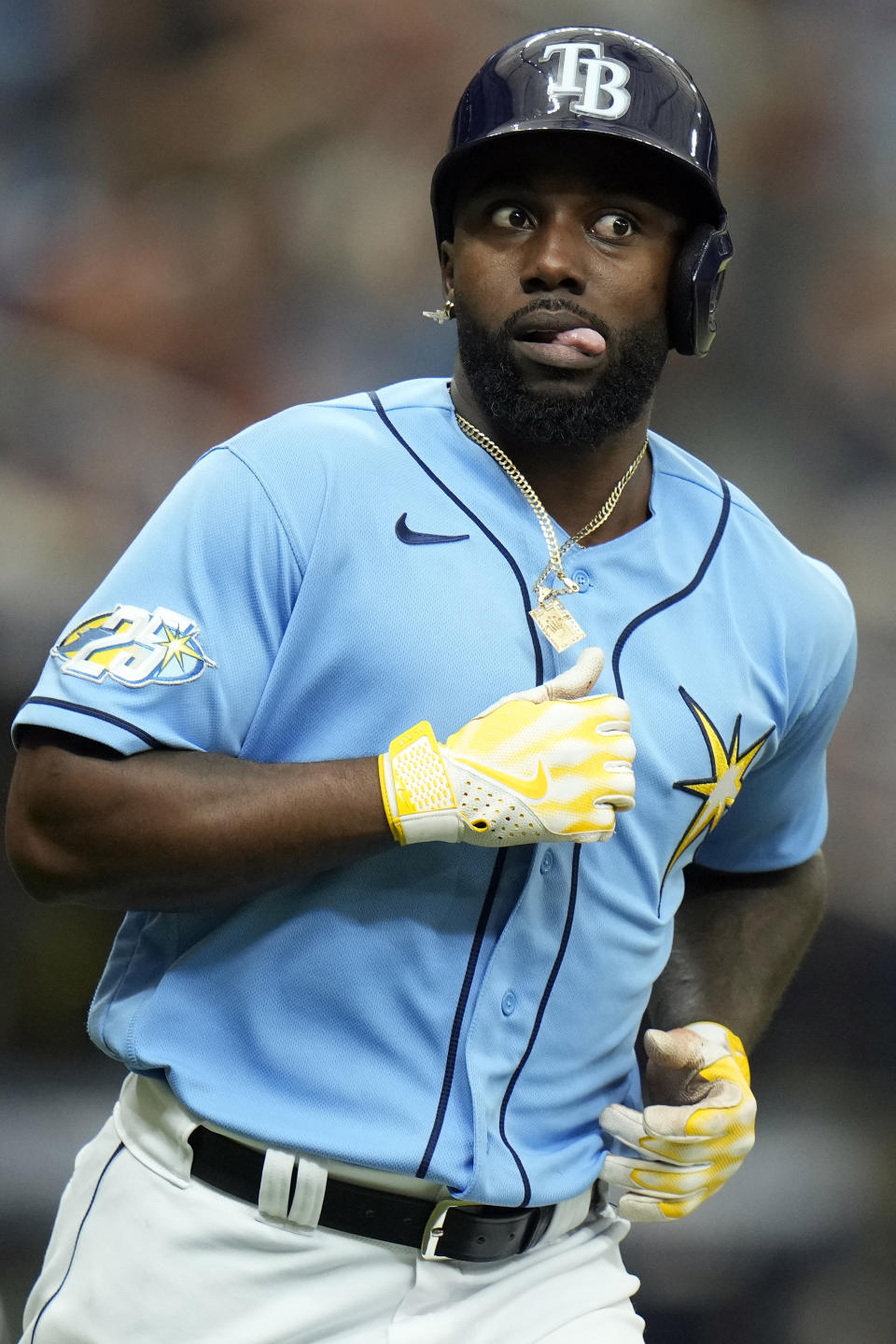 Tampa Bay Rays' Randy Arozarena reacts after his solo home run off Detroit Tigers starting pitcher Joey Wentz during the fourth inning of a baseball game Sunday, April 2, 2023, in St. Petersburg, Fla. (AP Photo/Chris O'Meara)