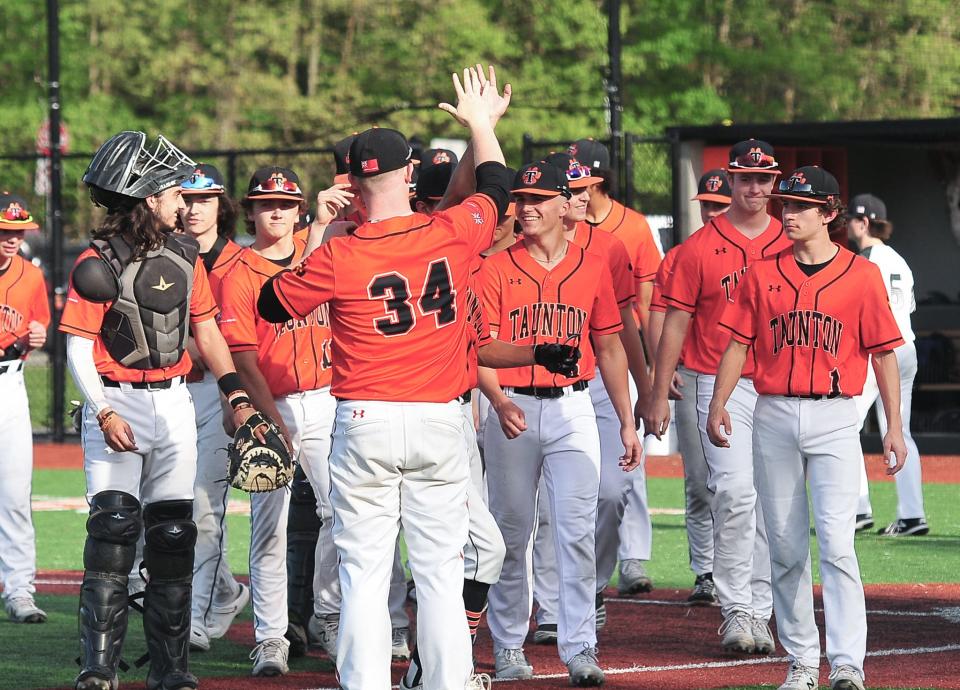 Taunton celebrates after defeating Mansfield during Wednesday’s game.