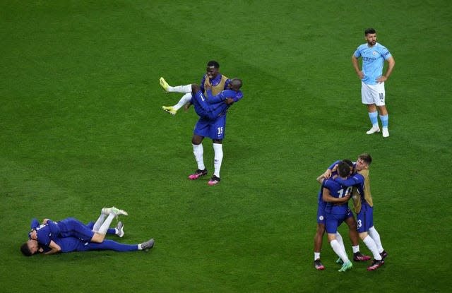 Chelsea players celebrate winning the Champions League in Porto. Kai Havertz's goal earned a 1-0 win over Manchester City, whose striker Sergio Aguero saw his final game for the club end in tears