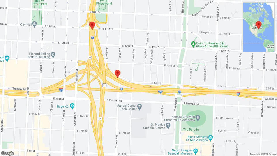 A detailed map that shows the affected road due to 'Drivers cautioned as heavy rain triggers traffic concerns on westbound I-70 in Kansas City' on May 5th at 1:23 p.m.