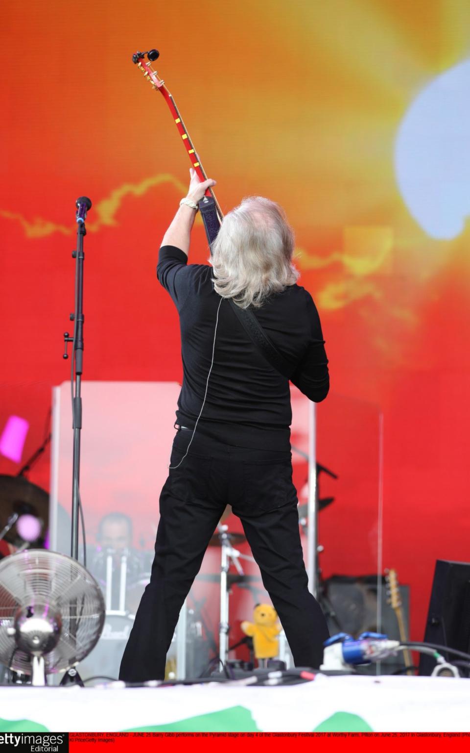 Barry Gibb performs on the Pyramid stage at Glastonbury Festival 2017 - Credit: Getty