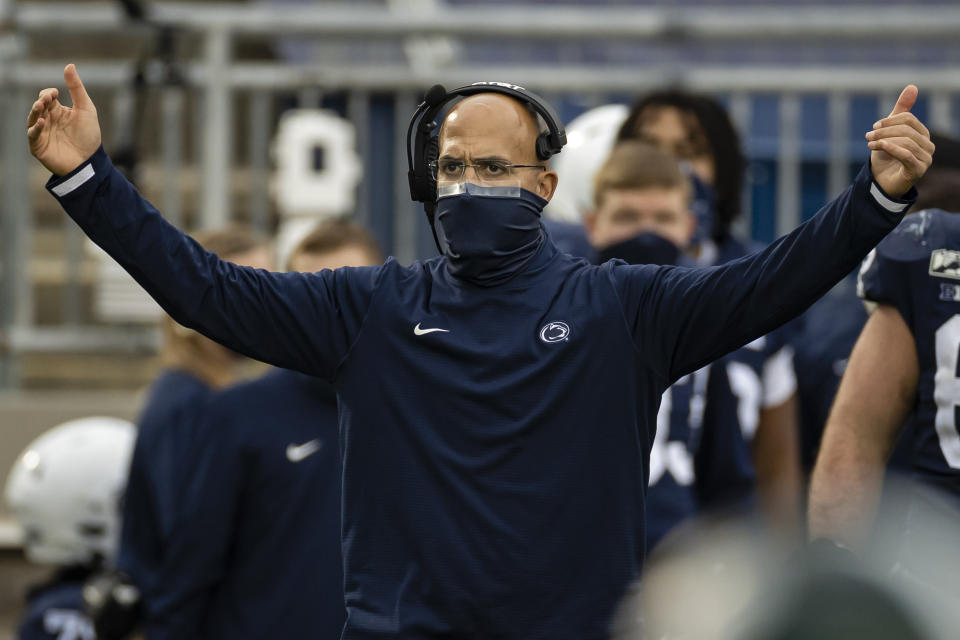 STATE COLLEGE, PA - DECEMBER 12: Head coach James Franklin of the Penn State Nittany Lions reacts after a touchdown against the Michigan State Spartans during the second half at Beaver Stadium on December 12, 2020 in State College, Pennsylvania. (Photo by Scott Taetsch/Getty Images)