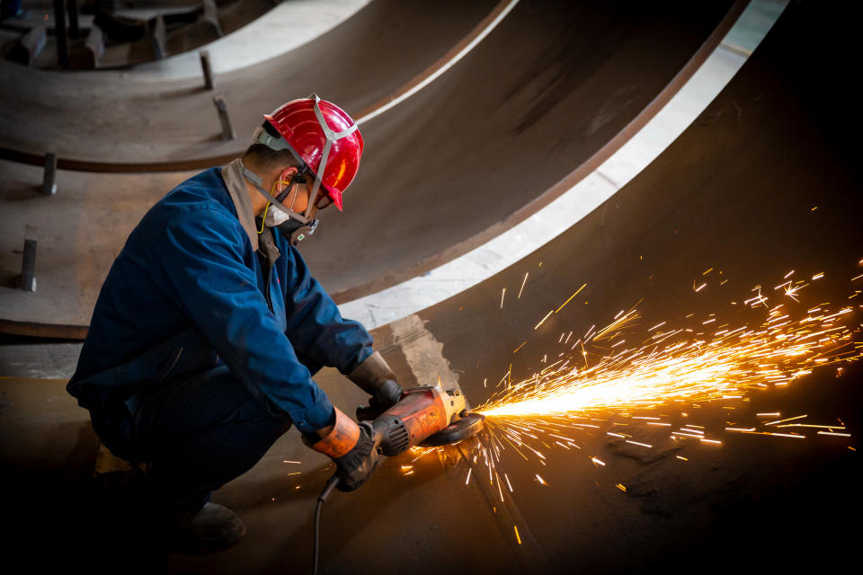 HAI'AN, CHINA - APRIL 27, 2020 - Workers in a workshop produce a large building material exported to countries along the "One Belt And One Road" route. Hai 'an City, Jiangsu Province, China, April 27, 2020.- PHOTOGRAPH BY Costfoto / Barcroft Studios / Future Publishing (Photo credit should read Costfoto/Barcroft Media via Getty Images)