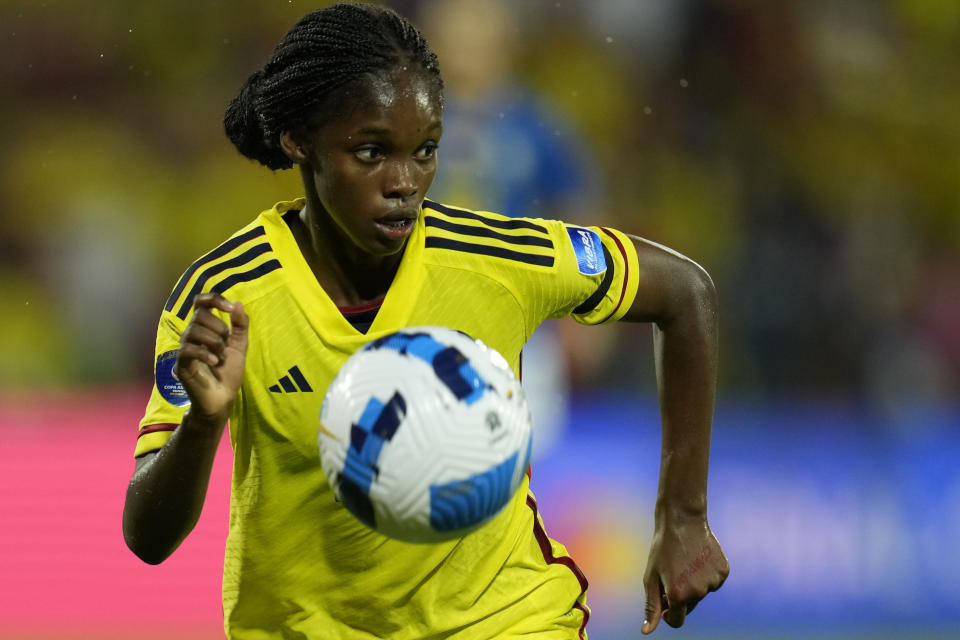 FILE - Colombia's Linda Caicedo controls the ball during the women's Copa America final soccer match against Brazil in Bucaramanga, Colombia, Saturday, July 30, 2022. (AP Photo/Fernando Vergara, File)