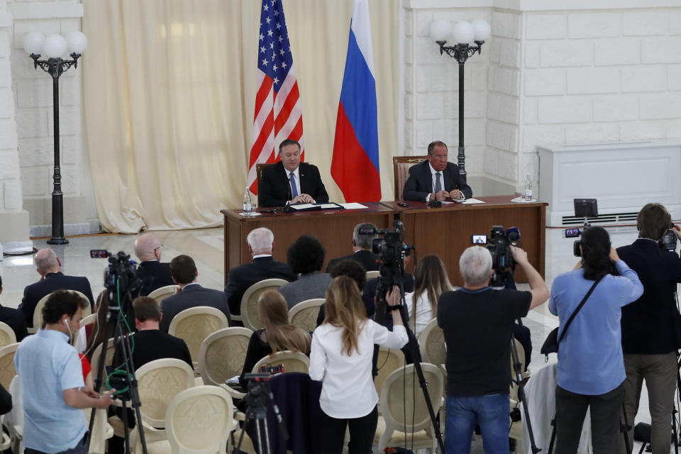 U.S. Secretary of State Mike Pompeo, left, and Russian Foreign Minister Sergey Lavrov attend a joint news conference after their talks in the Black Sea resort city of Sochi, southern Russia, Tuesday, May 14, 2019. Pompeo's first trip to Russia starts Tuesday in Sochi, where he and Russian Foreign Minister Sergey Lavrov are sitting down for talks and then having a joint meeting with President Vladimir Putin. (AP Photo/Pavel Golovkin, Pool)