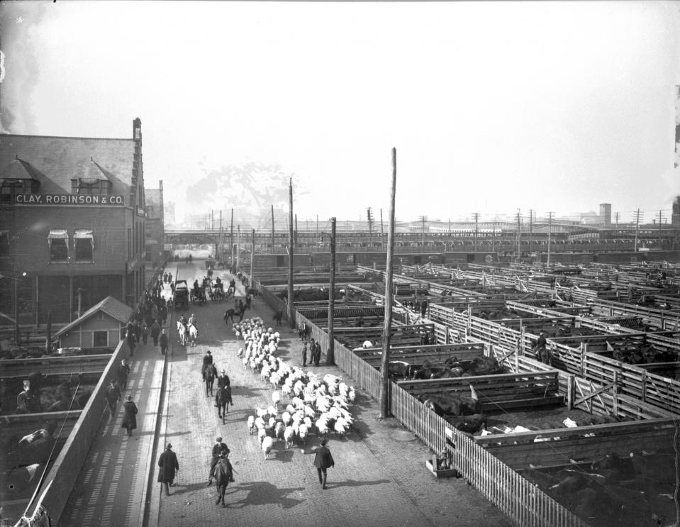 View of livestock pens and workers herding sheep at the Union Stock Yard, Chicago, IL, ca.1910. (Photo: Chicago History Museum/Getty Images)