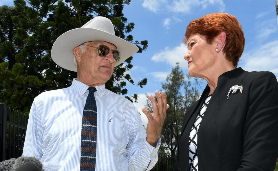 <span class="caption">Bob Katter (pictured here with Pauline Hanson) has stepped down as leader of his party, but is re-contesting the seat he has held for almost 30 years.</span> <span class="attribution"><span class="source">Darren England/AAP</span></span>