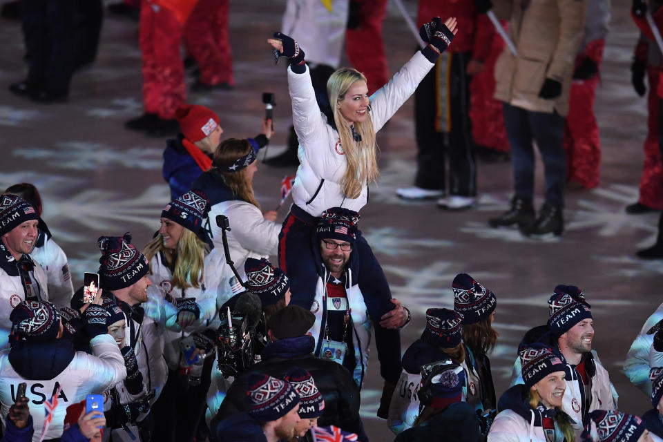 <p>Lindsey Vonn and Team USA walk in the Parade of Athletes during the Closing Ceremony of the PyeongChang 2018 Winter Olympic Games at PyeongChang Olympic Stadium on February 25, 2018 in Pyeongchang-gun, South Korea. (Photo by David Ramos/Getty Images) </p>