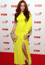 Celebrities in neon fashion: Natasha Hamilton wore this zesty dress to the FHM Awards.<br><br>[Rex]