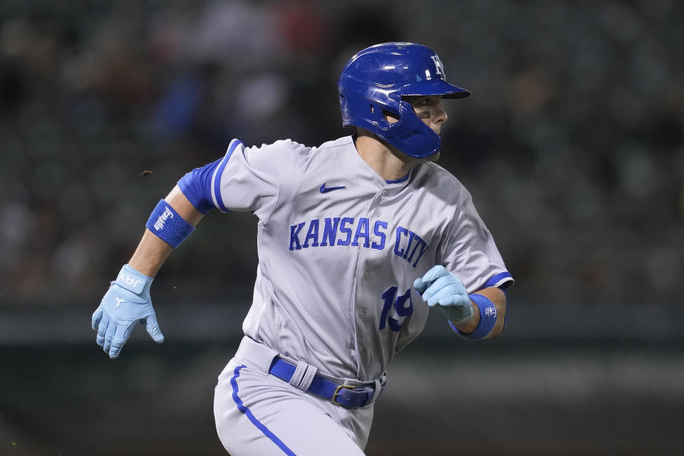 Kansas City Royals' Michael Massey watches his RBI single during the eighth inning of a baseball game against the Oakland Athletics in Oakland, Calif., Monday, Aug. 21, 2023. (AP Photo/Jeff Chiu)