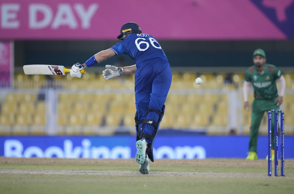 England's Joe Root bats during the ICC Cricket World Cup warm up match between Bangladesh and England in Guwahati, India, Monday, Oct.2, 2023. (AP Photo/Anupam Nath)