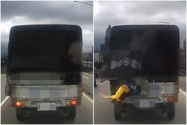 根據網友PO出的影片，可看到貨車起步時，竟從車斗掉出1人。（翻攝自爆料公社二社臉書）