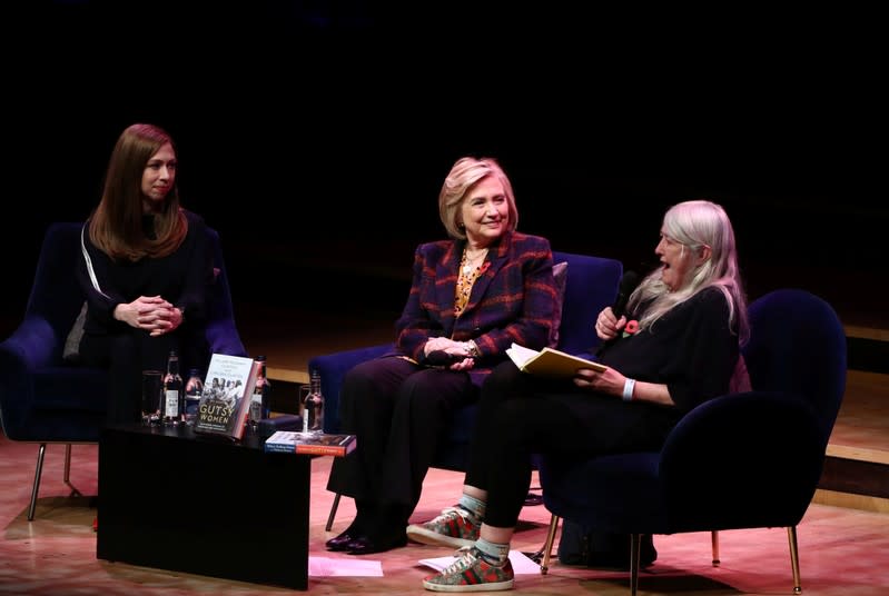 Former U.S. Secretary of State Hillary Clinton and Chelsea Clinton attend an event promoting "The Book of Gutsy Women" in London