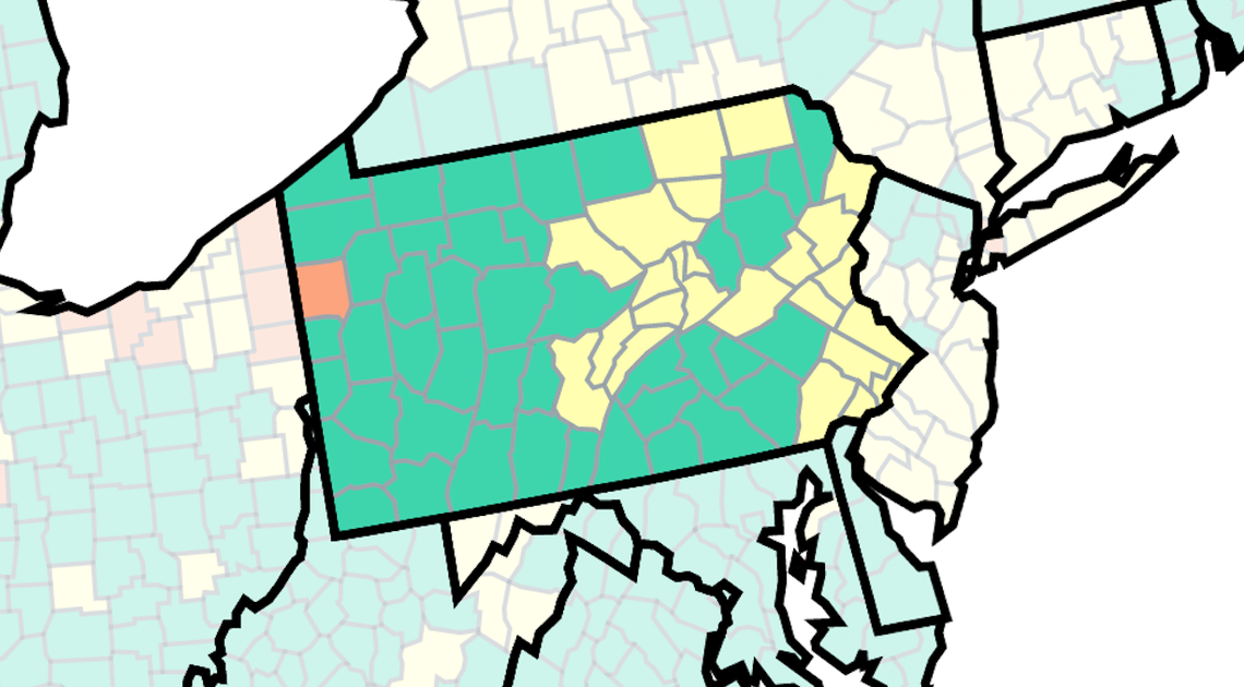 This map of Pennsylvania from the US Centers for Disease Control and Prevention shows community levels of COVID-19 by county as of Thursday, November 24, 2022. The orange represents high, yellow represents medium, and green represents low.