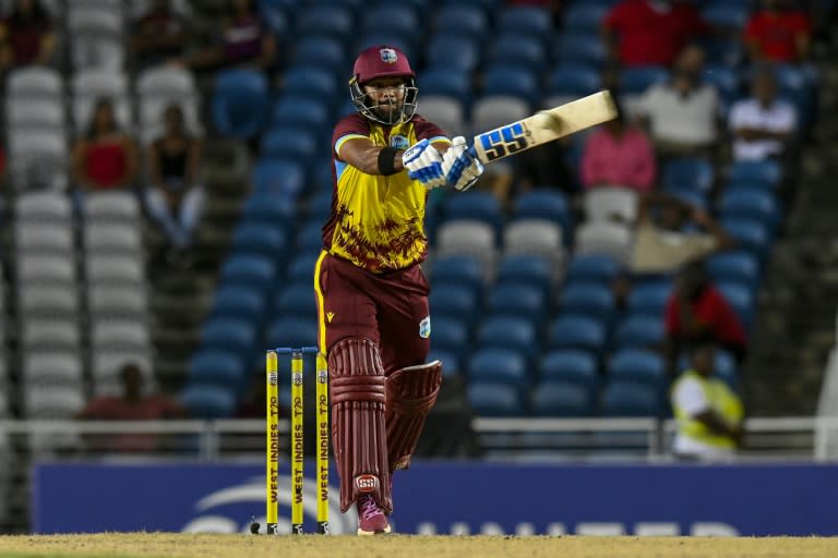 Nicholas Pooran of West Indies hits a six during the T20i win against South Africa at the Brian Lara Cricket Academy Stadium in Trinidad and Tobago on August 23, 2024 (Randy Brooks)