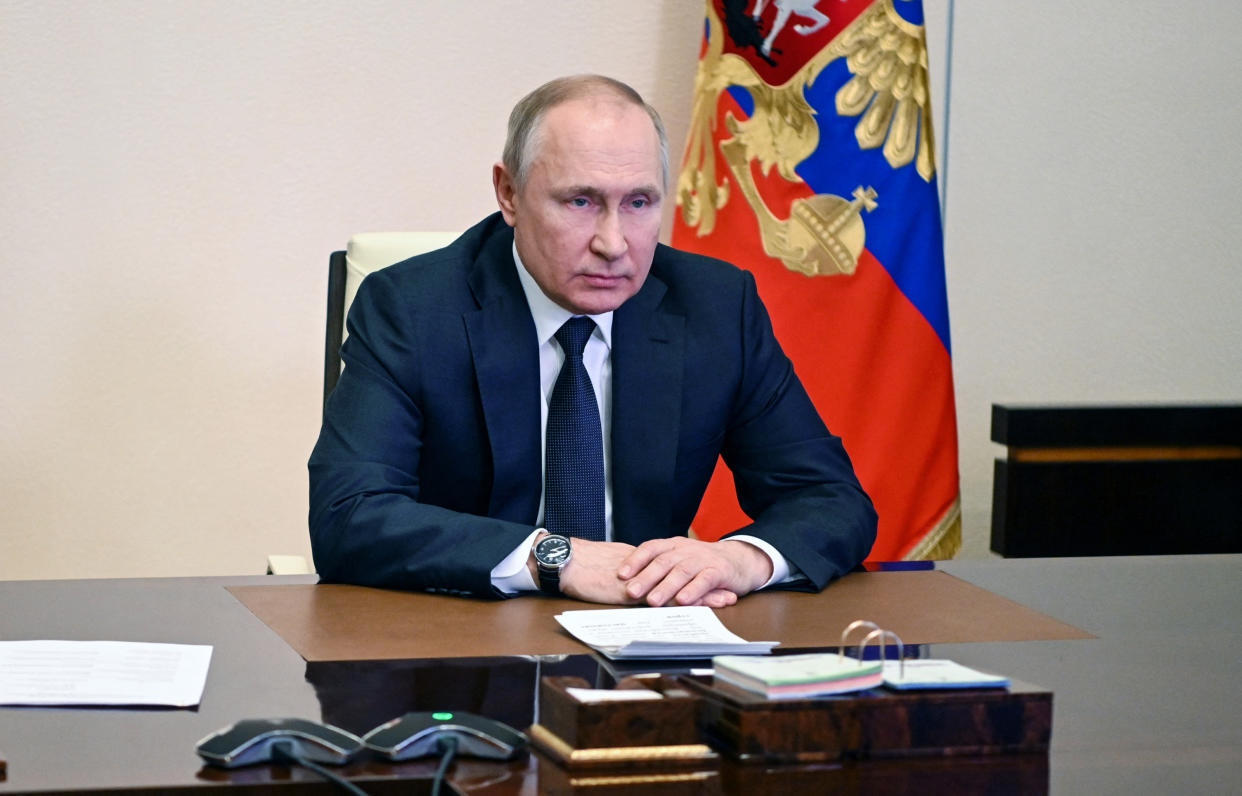 Russian President Vladimir Putin chairs a meeting with members of the Security Council via teleconference call at the Novo-Ogaryovo state residence outside Moscow, Russia on March 3, 2022. - Russian President Vladimir Putin said Thursday that Moscow's advance in Ukraine is going 