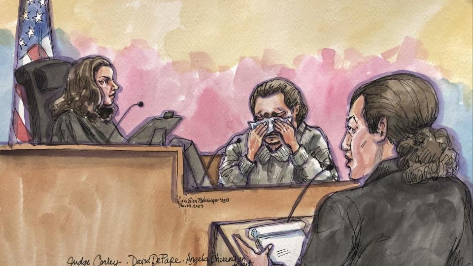 David DePape weeps while testifying at his federal trial in the attack on Paul Pelosi, Nov. 14, 2023. / Credit: Sketch by Vicki Behringer