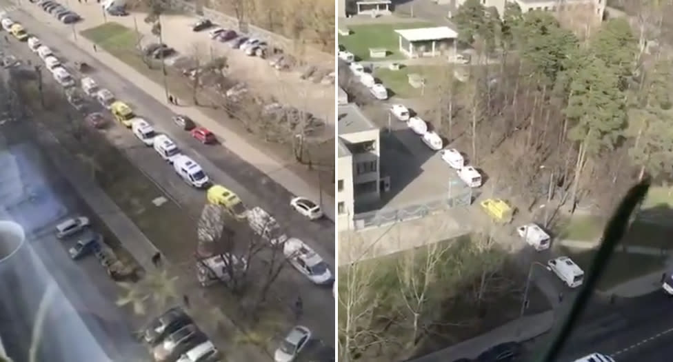 Ambulances are pictured stationary, crowding a block, in Moscow.