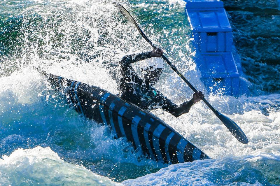 Raage Magan trains as Montgomery Whitewater, in Montgomery, Ala., hosts olympic hopefuls in wintertime training on Tuesday January 2, 2024.