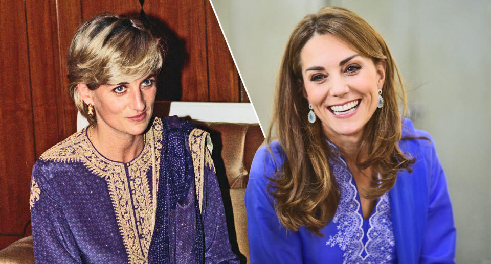 Like Princess Diana (pictured in 1997), Kate Middleton opted for a purple kurta during her Pakistan visit. (Photos: Getty Images)