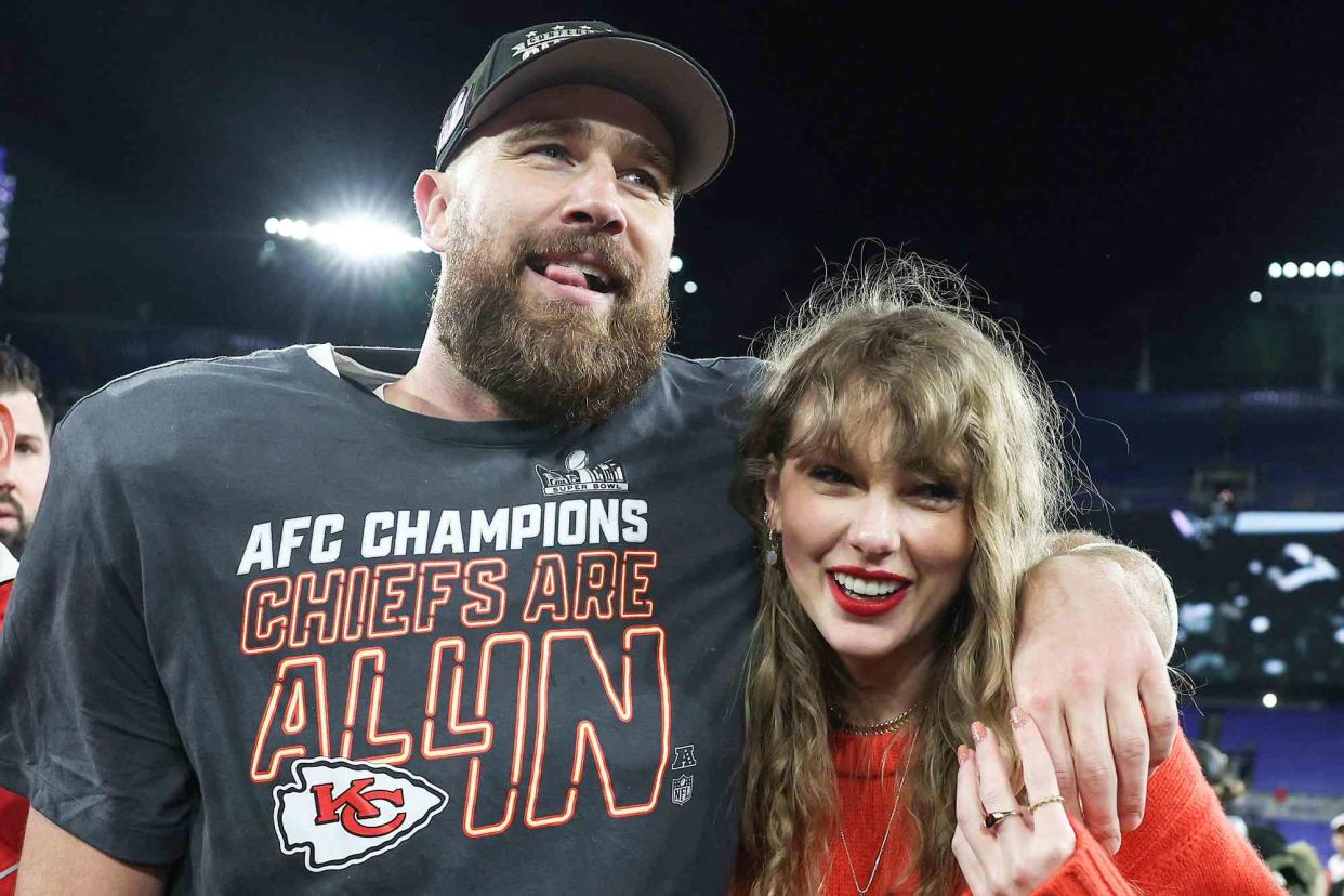 <p>Patrick Smith/Getty </p> Travis Kelce and Taylor Swift